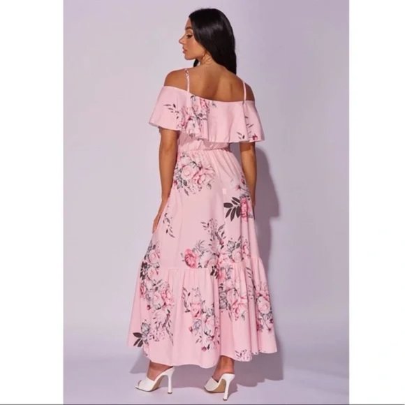Pink Floral Print Cold Shoulder Short Sleeve Frill Detail Long Maxi Dress - Picture 6 of 11